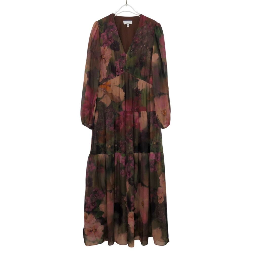 Signature By Robbie Bee Floral Chiffon Tiered Maxi Dress Size 8 V-Neck Formal